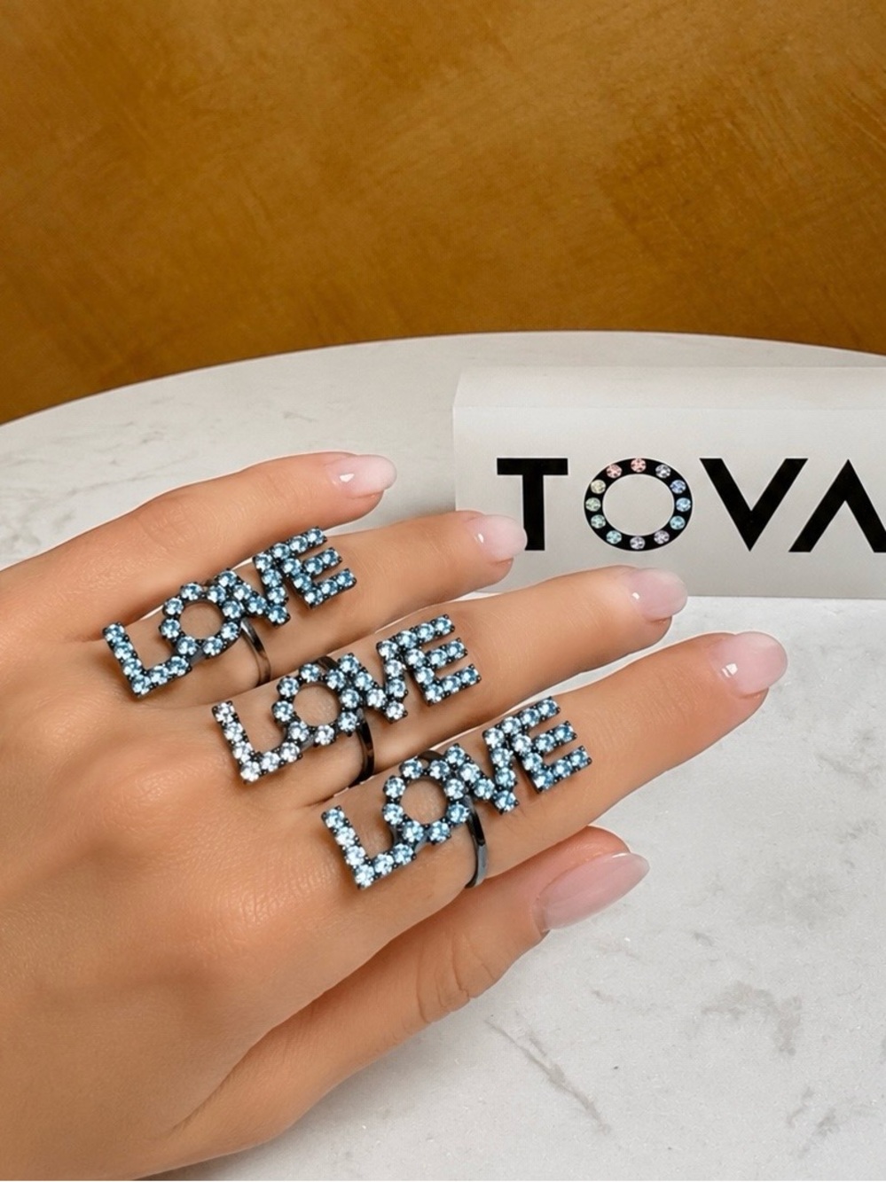 TOVA denim Blue Crystal 'LOVE' Statement Ring